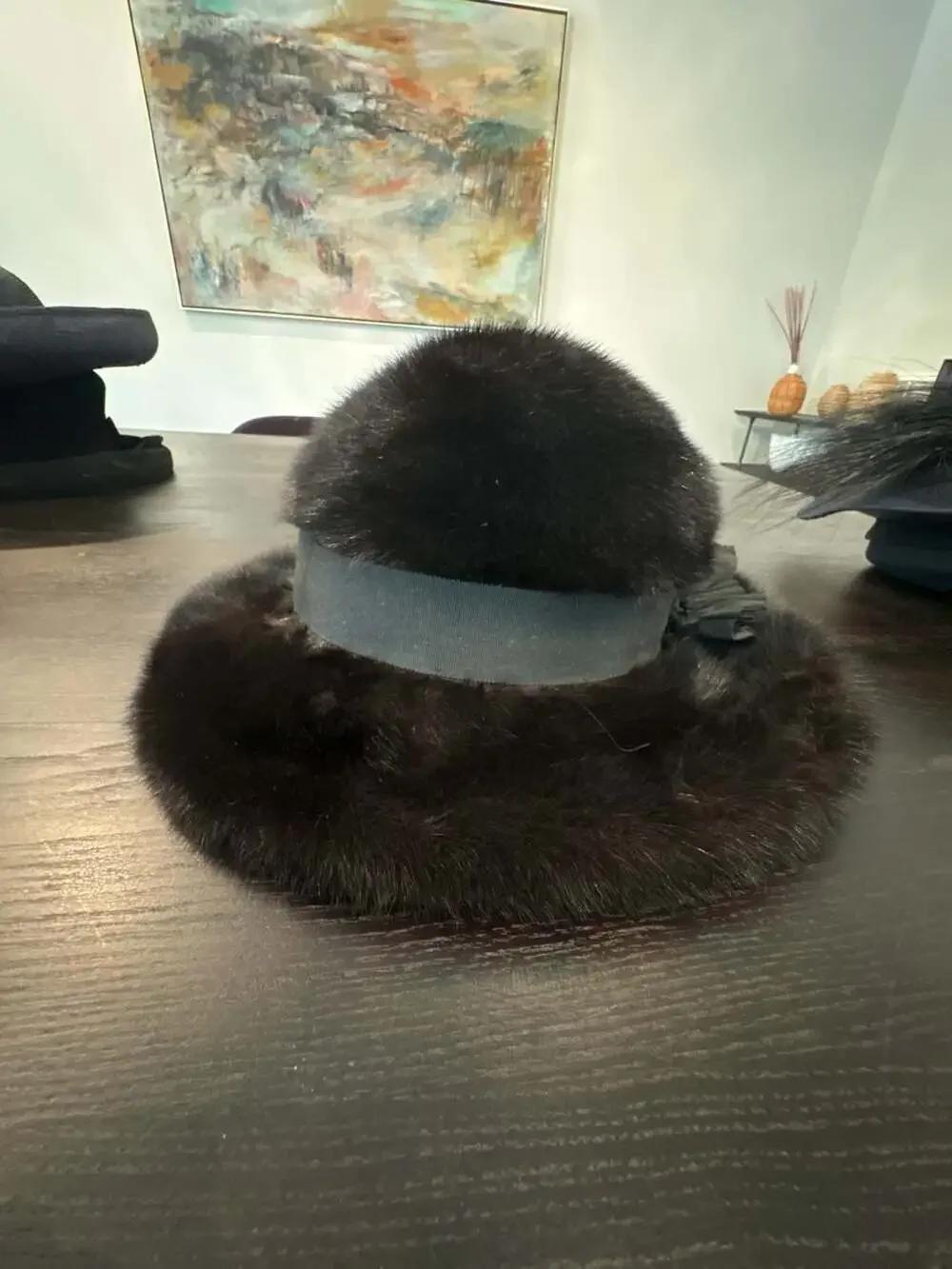 Vintage Black Fur Hat with Ribbon Bow fits S/M